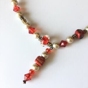 Red art glass and faux pearl mini tassel statement necklace